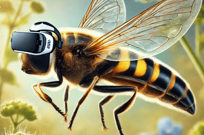 AI illustration of a hoverfly wearing a VR headset